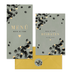 Hochzeitskartenset schwarzer Eukalyptus mit Gold