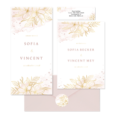 Hochzeitskartenset feine Blumen in Rosa-Aquarell mit Gold