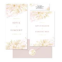 Hochzeitskartenset feine Blumen in Rosa-Aquarell mit Gold