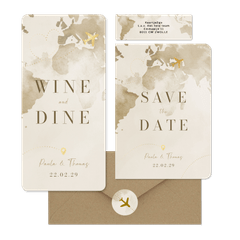 Hochzeitskartenset Aquarell Weltkare in Beige mit goldenem Flugzeug