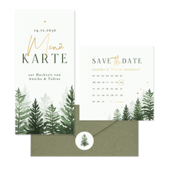 Winterhochzeit Kartenset Tannenbäume in Aquarell auf Hellgrün
