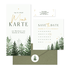 Winterhochzeit Kartenset Tannenbäume in Aquarell auf Hellgrün