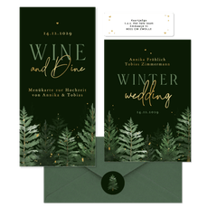Hochzeitskarten Winterset Tannenbäume in Aquarell auf Dunkelgrün
