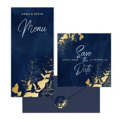 Hochzeitskartenset goldener Eukalyptus auf Dunkelblau