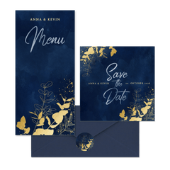 Hochzeitskartenset goldener Eukalyptus auf Dunkelblau