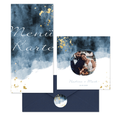 Hochzeitskartenset in blauem Aquarelldesign mit Goldflecken
