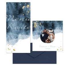 Hochzeitskartenset in blauem Aquarelldesign mit Goldflecken