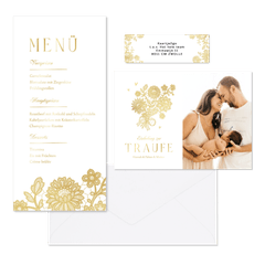 Hochzeitskartenset goldene Blumenspitze auf Weiß