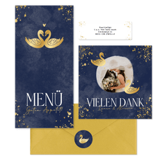 Hochzeitkartenset mit zwei goldenen Schwänen auf Dunkelblau