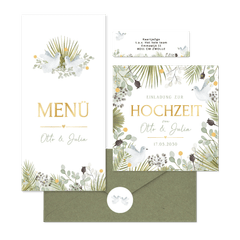 Hochzeit - Zwei weiße Tauben mit vielen grünen Zweigen