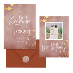 Hochzeitskartenset rosa Aquarell mit Goldtupfen