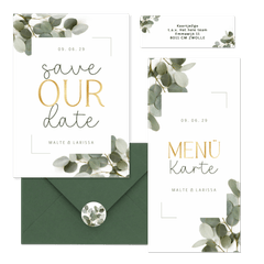 Hochzeitskarten dunkle Eukalyptuszweige & Schreibschrift