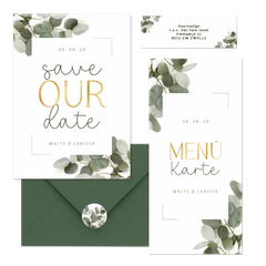 Hochzeitskarten dunkle Eukalyptuszweige & Schreibschrift