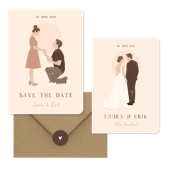 Hochzeitskartenset Illustrationen Brautpaar auf Beige