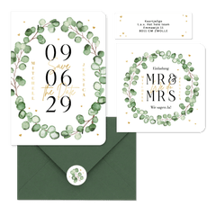 Hochzeitskartenset Eukalyptuszweige mit goldenen Herzchen