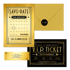 Hochzeitskartenset Artdeco Ticket in Gold & Schwarz