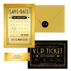 Hochzeitskartenset Artdeco Ticket in Gold & Schwarz