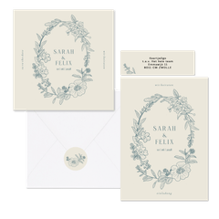 Hochzeitskartenset klassischer Blumenkranz in Blau
