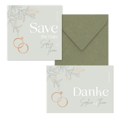 Hochzeitskartenset mit Ringen & Blumen pastellgrün