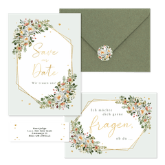 Hochzeitskartenset Pfingstrose Blumenbukett Mintgrün