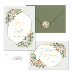 Hochzeitskartenset Pfingstrose Blumenbukett Mintgrün