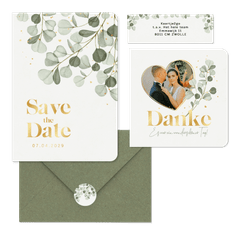 Hochzeitskartenset mit Eukalyptuszweigen & Goldschrift