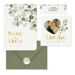 Hochzeitskartenset mit Eukalyptuszweigen & Goldschrift