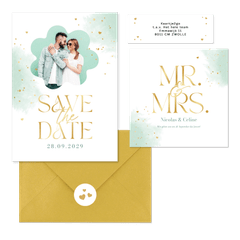 Hochzeitskartenset Wasserfarbe in Mintgrün & Gold