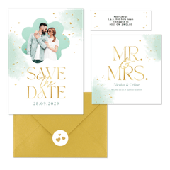 Hochzeitskartenset Wasserfarbe in Mintgrün & Gold