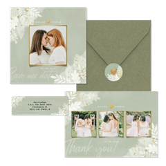 Hochzeitskartenset weiße Zweige auf grünem Aquarell