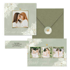 Hochzeitskartenset weiße Zweige auf grünem Aquarell