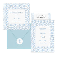 Hochzeitskartenset Hellblau englische Rosen klassisch