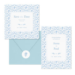 Hochzeitskartenset Hellblau englische Rosen klassisch