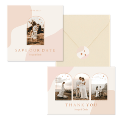 Hochzeitskartenset Bogenfenster auf Rosa mit Kupferelementen