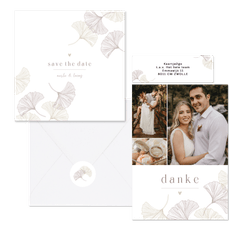 Schlichtes Hochzeitskartenset mit feinen Ginkgoblättern