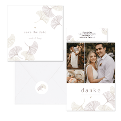 Schlichtes Hochzeitskartenset mit feinen Ginkgoblättern