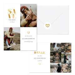 Hochzeitskarten simpel Goldlook mit Fotos