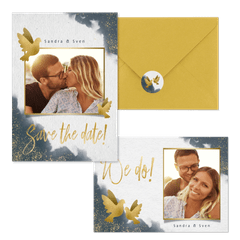 Hochzeitskartenset goldene Tauben auf Aquarell