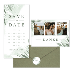 Hochzeitskartenset Zierliche Blätter Mintgrün