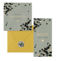 Hochzeitskartenset schwarzer Eukalyptus mit Gold