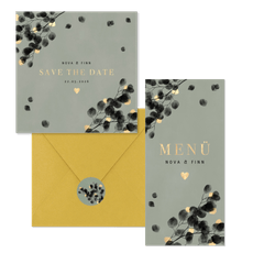 Hochzeitskartenset schwarzer Eukalyptus mit Gold