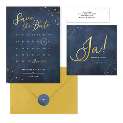 Hochzeitskartenset schlicht Gold auf Dunkelblau