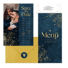 Hochzeitskartenset in Dunkelblau mit goldenen Ranken