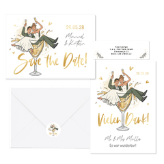 Hochzeitskartenset mit Brautpaar in Sektglas