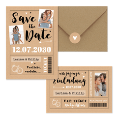 Hochzeitskarten als Ticket-Set in Kraftpapier