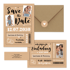 Hochzeitskarten als Ticket-Set in Kraftpapier