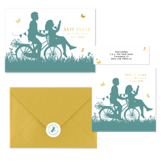 Hochzeitskartenset Scherenschnitt Brautpaar auf Fahrrad