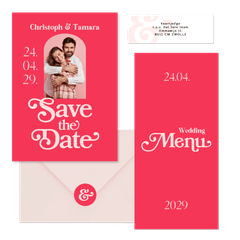 Hochzeitskartenset in Pink Retro mit Foto 
