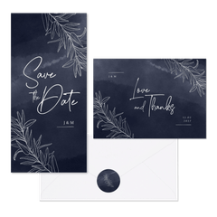 Hochzeitskartenset feine Zweige auf Aquarell in Nachtblau