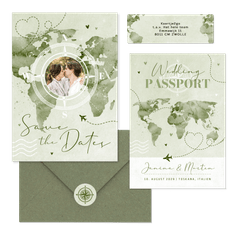 Hochzeitskartenset Aqaurell Weltkarte und Flugzeug in Grün